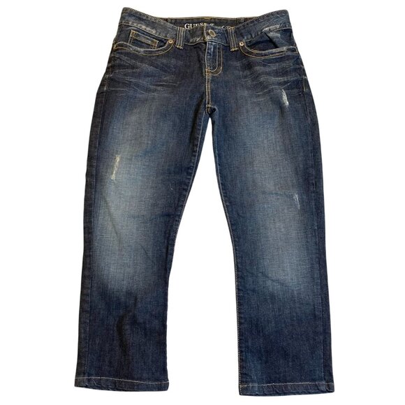 Guess Women's Cropped Jeans 34x23 Regular Fit Distressed Blue Cotton Blend - Picture 1 of 16